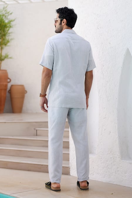 Shop Asuka Blue Linen Cuban Collar Striped Shirt And Trouser Set at Aza Fashions Shop_Asuka_Blue Linen Cuban Collar Striped Shirt And Trouser Set _at_Aza_Fashions