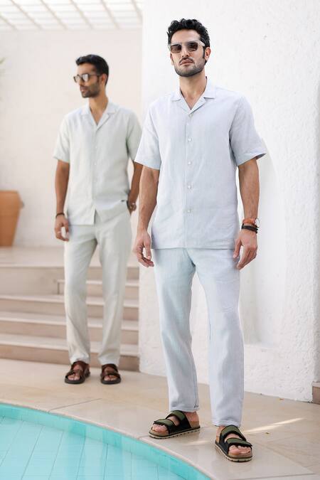 Asuka Blue Linen Cuban Collar Striped Shirt And Trouser Set Online at Aza Fashions Asuka_Blue Linen Cuban Collar Striped Shirt And Trouser Set _Online_at_Aza_Fashions