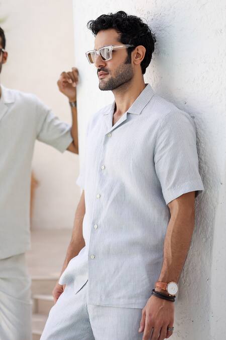 Buy Asuka Blue Linen Cuban Collar Striped Shirt And Trouser Set Online at Aza Fashions Buy_Asuka_Blue Linen Cuban Collar Striped Shirt And Trouser Set _Online_at_Aza_Fashions