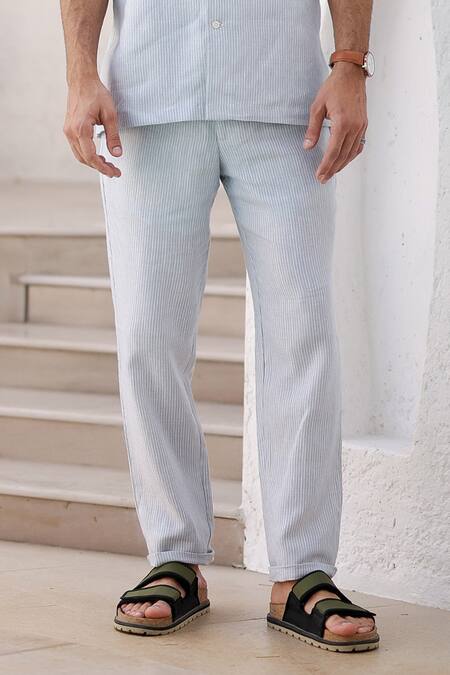 Shop Asuka Blue Linen Cuban Collar Striped Shirt And Trouser Set Online at Aza Fashions Shop_Asuka_Blue Linen Cuban Collar Striped Shirt And Trouser Set _Online_at_Aza_Fashions