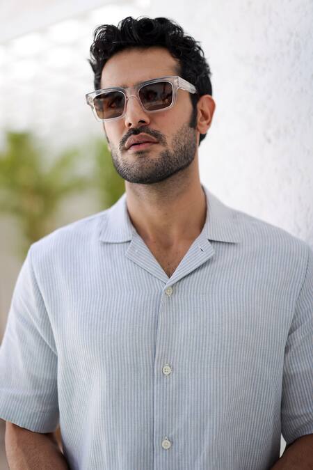 Asuka Blue Linen Cuban Collar Striped Shirt And Trouser Set at Aza Fashions Asuka_Blue Linen Cuban Collar Striped Shirt And Trouser Set _at_Aza_Fashions