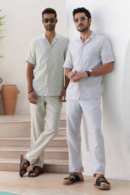 Shop Asuka Blue Linen Cuban Collar Striped Shirt And Trouser Set Shop_Asuka_Blue Linen Cuban Collar Striped Shirt And Trouser Set