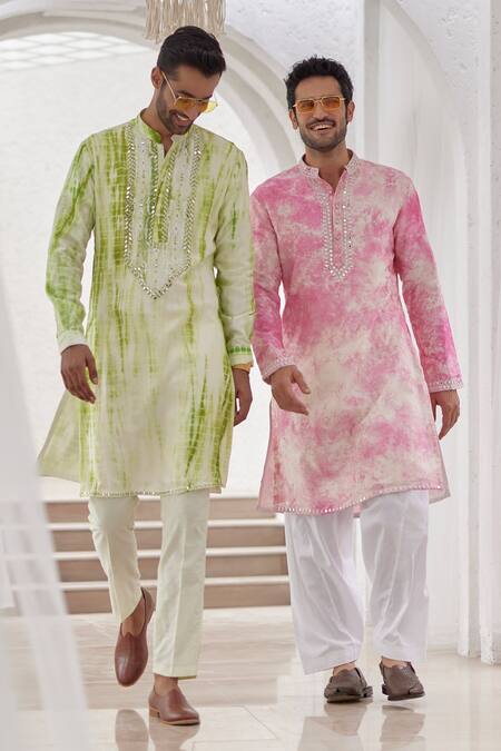 Asuka_Green Pure Linen Embroidered Mirror Tie-dye Kurta And Pyjama Set _Online_at_Aza_Fashions