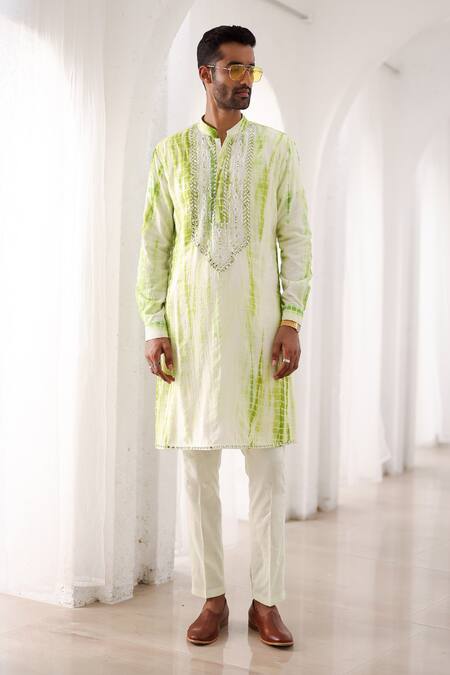 Asuka_Green Pure Linen Embroidered Mirror Tie-dye Kurta And Pyjama Set _at_Aza_Fashions