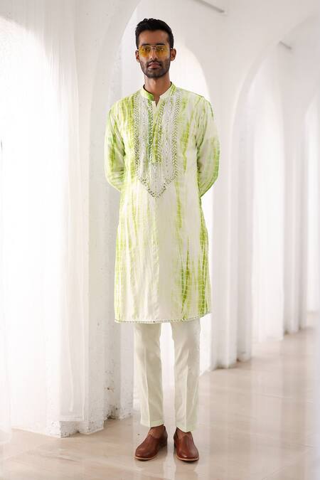 Buy_Asuka_Green Pure Linen Embroidered Mirror Tie-dye Kurta And Pyjama Set 