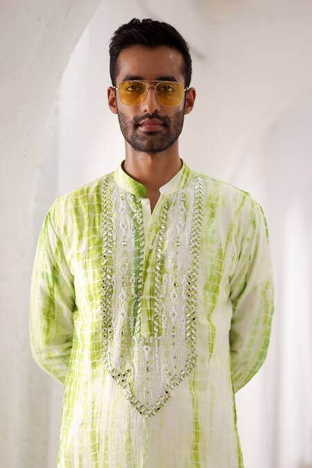 Shop_Asuka_Green Pure Linen Embroidered Mirror Tie-dye Kurta And Pyjama Set 