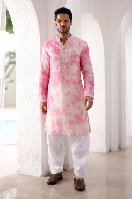 Asuka Pink Pure Linen Embroidered Mirror Tie-dye Kurta And Pyjama Set 