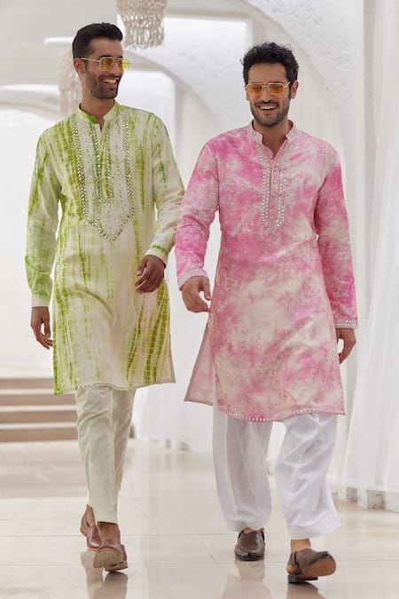 Asuka_Pink Pure Linen Embroidered Mirror Tie-dye Kurta And Pyjama Set _Online_at_Aza_Fashions