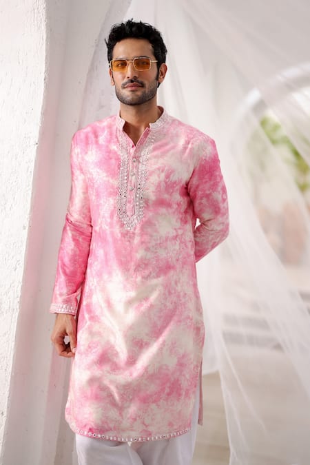 Shop_Asuka_Pink Pure Linen Embroidered Mirror Tie-dye Kurta And Pyjama Set _Online_at_Aza_Fashions