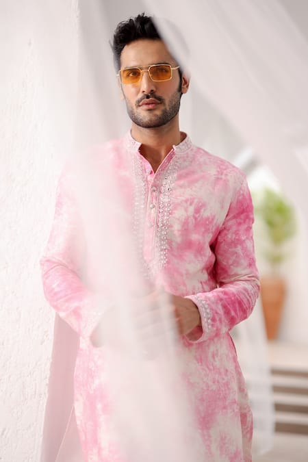 Asuka_Pink Pure Linen Embroidered Mirror Tie-dye Kurta And Pyjama Set _at_Aza_Fashions