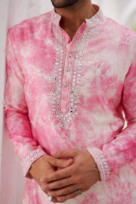Buy_Asuka_Pink Pure Linen Embroidered Mirror Tie-dye Kurta And Pyjama Set 
