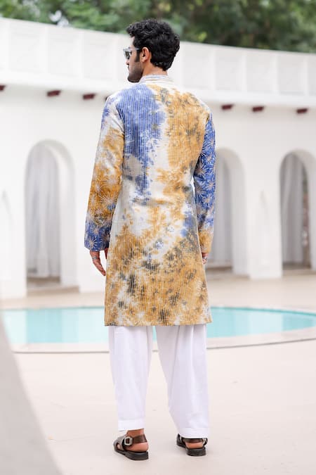 Shop Asuka Blue Linen Sequins, Embroidery Tie-dye Pattern Kurta Pyjama Set at Aza Fashions Shop_Asuka_Blue Linen Sequins, Embroidery Tie-dye Pattern Kurta Pyjama Set _at_Aza_Fashions