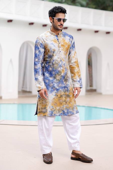 Buy Asuka Blue Linen Sequins, Embroidery Tie-dye Pattern Kurta Pyjama Set Online at Aza Fashions Buy_Asuka_Blue Linen Sequins, Embroidery Tie-dye Pattern Kurta Pyjama Set _Online_at_Aza_Fashions