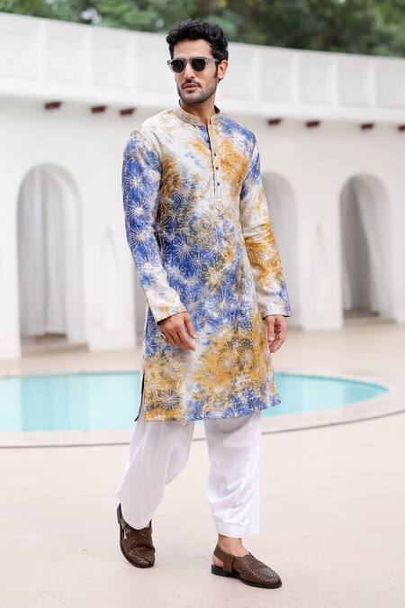Shop Asuka Blue Linen Sequins, Embroidery Tie-dye Pattern Kurta Pyjama Set Online at Aza Fashions Shop_Asuka_Blue Linen Sequins, Embroidery Tie-dye Pattern Kurta Pyjama Set _Online_at_Aza_Fashions