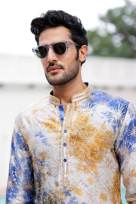 Asuka Blue Linen Sequins, Embroidery Tie-dye Pattern Kurta Pyjama Set at Aza Fashions Asuka_Blue Linen Sequins, Embroidery Tie-dye Pattern Kurta Pyjama Set _at_Aza_Fashions