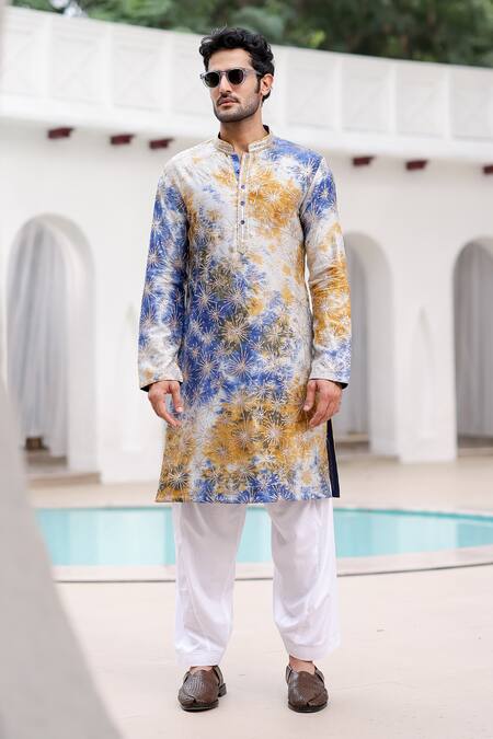 Buy Asuka Blue Linen Sequins, Embroidery Tie-dye Pattern Kurta Pyjama Set Buy_Asuka_Blue Linen Sequins, Embroidery Tie-dye Pattern Kurta Pyjama Set