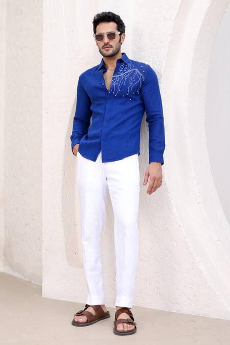 Asuka Blue Pure Irish Linen Embroidered Thread Shirt 