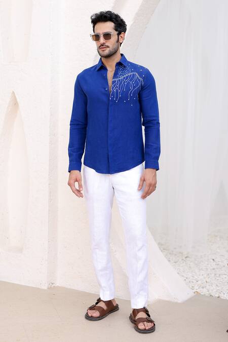 Buy_Asuka_Blue Linen Embroidery Pure Shirt _Online_at_Aza_Fashions