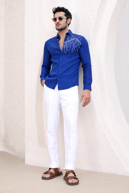 Shop_Asuka_Blue Linen Embroidery Pure Shirt _Online_at_Aza_Fashions