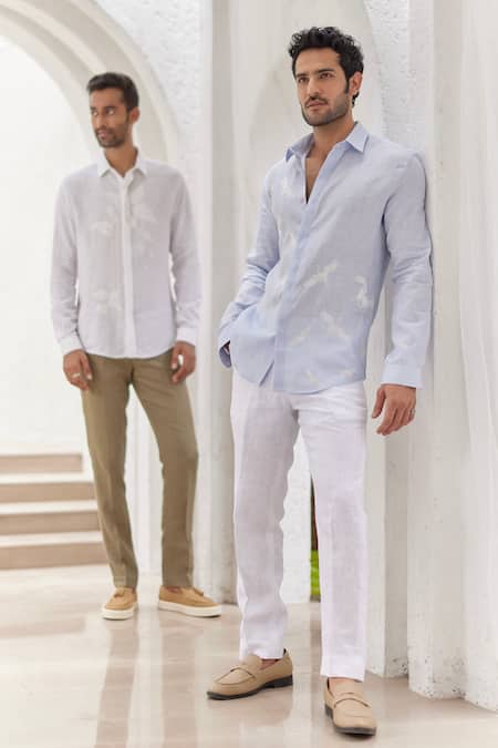 Shop Asuka Blue Linen Embroidery Bird Motif Shirt at Aza Fashions Shop_Asuka_Blue Linen Embroidery Bird Motif Shirt _at_Aza_Fashions