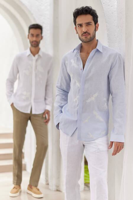 Asuka Blue Linen Embroidery Bird Motif Shirt Online at Aza Fashions Asuka_Blue Linen Embroidery Bird Motif Shirt _Online_at_Aza_Fashions