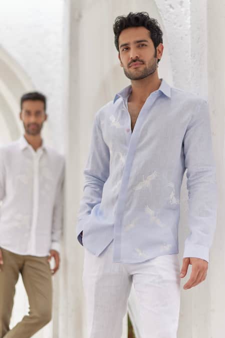 Buy Asuka Blue Linen Embroidery Bird Motif Shirt Online at Aza Fashions Buy_Asuka_Blue Linen Embroidery Bird Motif Shirt _Online_at_Aza_Fashions