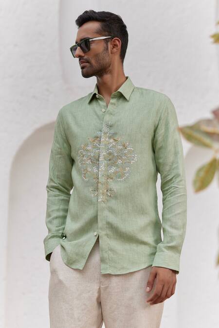 Shop Asuka Green Linen Embroidery Motif Shirt at Aza Fashions Shop_Asuka_Green Linen Embroidery Motif Shirt _at_Aza_Fashions