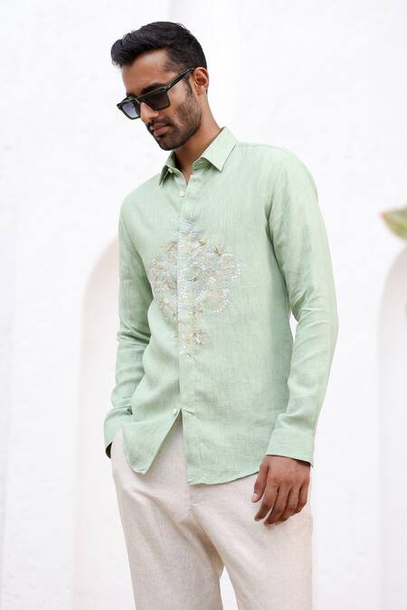 Asuka Green Linen Embroidery Motif Shirt Online at Aza Fashions Asuka_Green Linen Embroidery Motif Shirt _Online_at_Aza_Fashions
