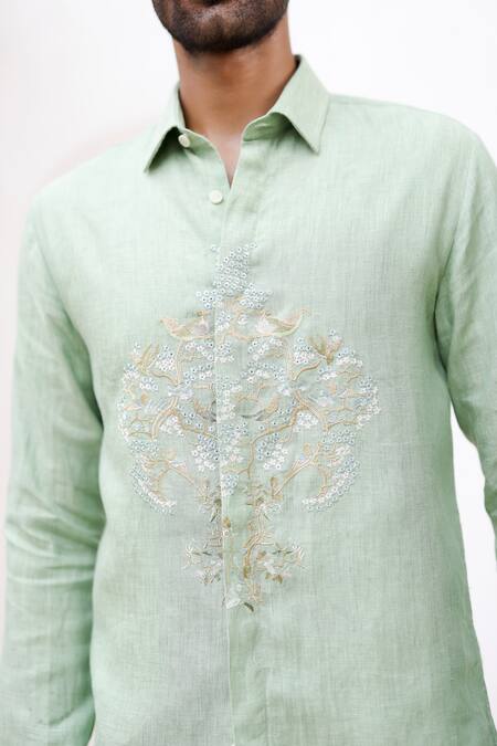 Buy Asuka Green Linen Embroidery Motif Shirt Online at Aza Fashions Buy_Asuka_Green Linen Embroidery Motif Shirt _Online_at_Aza_Fashions