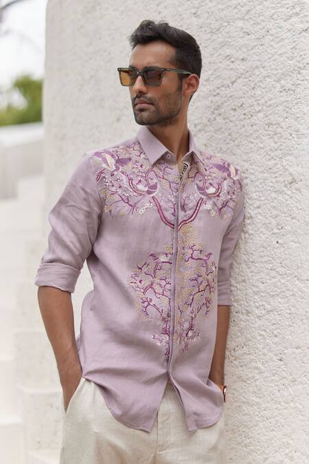 Asuka_Purple Linen Embroidery Irish Shirt _Online_at_Aza_Fashions