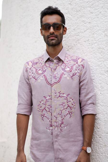 Shop_Asuka_Purple Linen Embroidery Irish Shirt _Online_at_Aza_Fashions