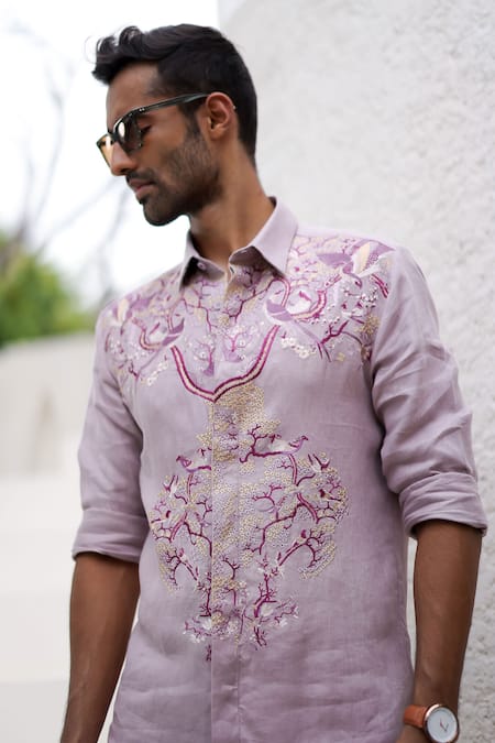 Asuka_Purple Linen Embroidery Irish Shirt _at_Aza_Fashions