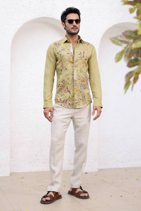 Shop_Asuka_Green Linen Embroidery Irish Floral Shirt _at_Aza_Fashions