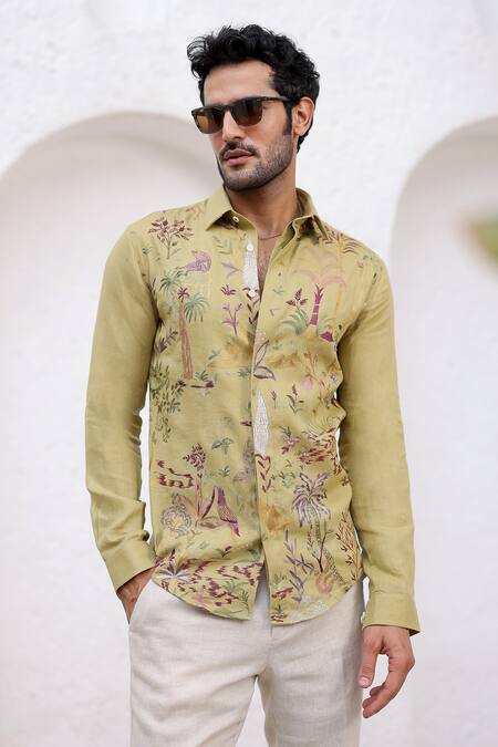 Asuka_Green Linen Embroidery Irish Floral Shirt _Online_at_Aza_Fashions
