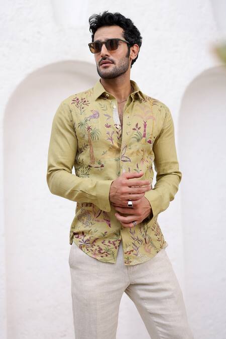 Buy_Asuka_Green Linen Embroidery Irish Floral Shirt _Online_at_Aza_Fashions
