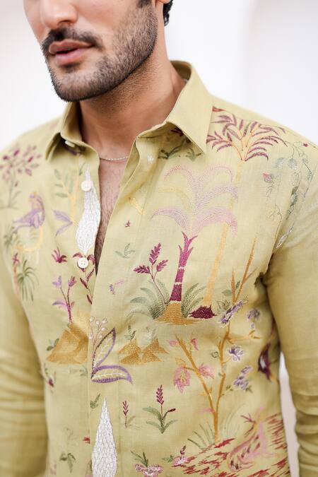 Shop_Asuka_Green Linen Embroidery Irish Floral Shirt _Online_at_Aza_Fashions