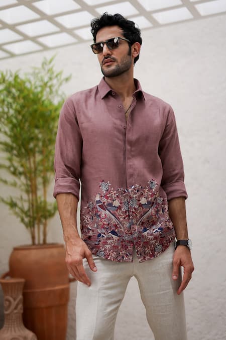 Shop_Asuka_Multi Color Linen Embroidery Pure Botanical Shirt _at_Aza_Fashions
