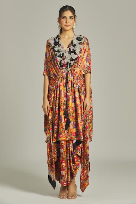 Anamika Khanna Multi Color Silk Diamonds Collage Print Cape With Skirt at Aza Fashions Anamika Khanna_Multi Color Silk Diamonds Collage Print Cape With Skirt_at_Aza_Fashions