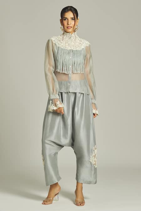 Anamika Khanna Pearl Embroidered Sheer Shirt Pant Set 