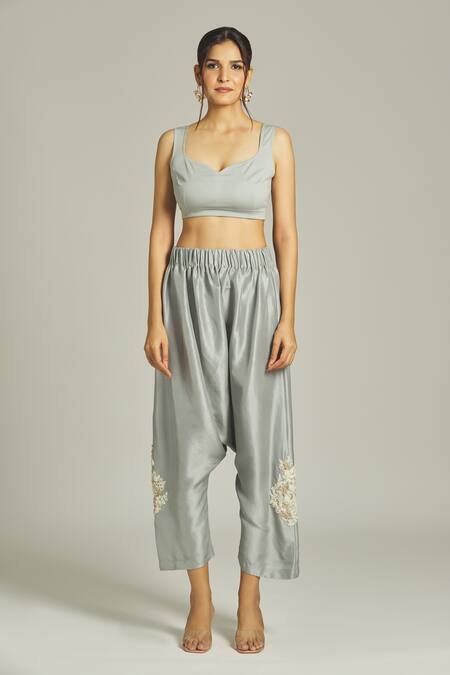 Anamika Khanna Sky Blue Silk, Organza Pearls, Embroidery High Neck Sheer Shirt Pant Set Online at Aza Fashions Anamika Khanna_Sky Blue Silk, Organza Pearls, Embroidery High Neck Sheer Shirt Pant Set _Online_at_Aza_Fashions