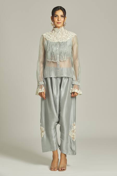 Buy Anamika Khanna Sky Blue Silk, Organza Pearls, Embroidery High Neck Sheer Shirt Pant Set Online at Aza Fashions Buy_Anamika Khanna_Sky Blue Silk, Organza Pearls, Embroidery High Neck Sheer Shirt Pant Set _Online_at_Aza_Fashions