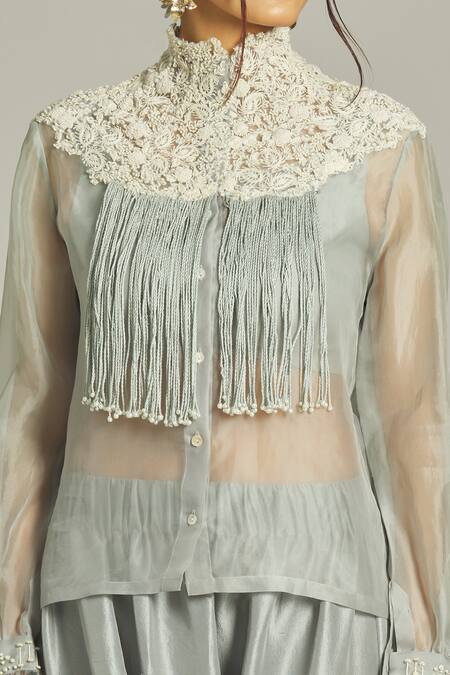 Shop Anamika Khanna Sky Blue Silk, Organza Pearls, Embroidery High Neck Sheer Shirt Pant Set Online at Aza Fashions Shop_Anamika Khanna_Sky Blue Silk, Organza Pearls, Embroidery High Neck Sheer Shirt Pant Set _Online_at_Aza_Fashions