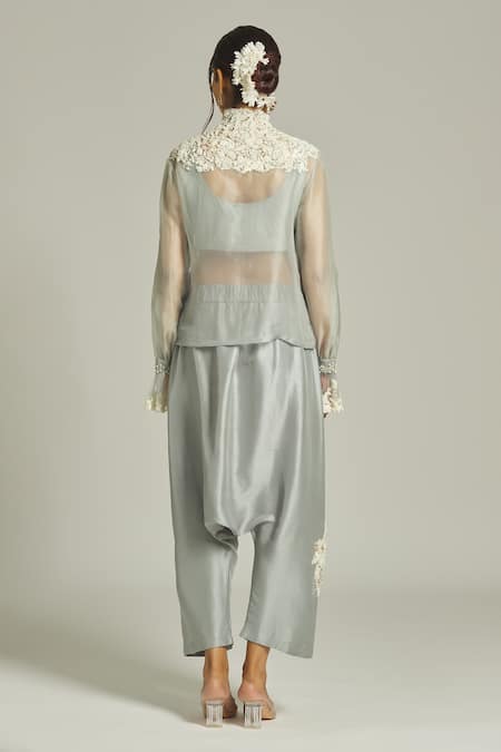 Shop Anamika Khanna Sky Blue Silk, Organza Pearls, Embroidery High Neck Sheer Shirt Pant Set at Aza Fashions Shop_Anamika Khanna_Sky Blue Silk, Organza Pearls, Embroidery High Neck Sheer Shirt Pant Set _at_Aza_Fashions