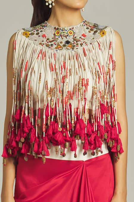 Buy Anamika Khanna Red Silk Sequins, Beads, Tassels Round Neck Fringe Top Draped Skirt Set Online at Aza Fashions Buy_Anamika Khanna_Red Silk Sequins, Beads, Tassels Round Neck Fringe Top Draped Skirt Set_Online_at_Aza_Fashions