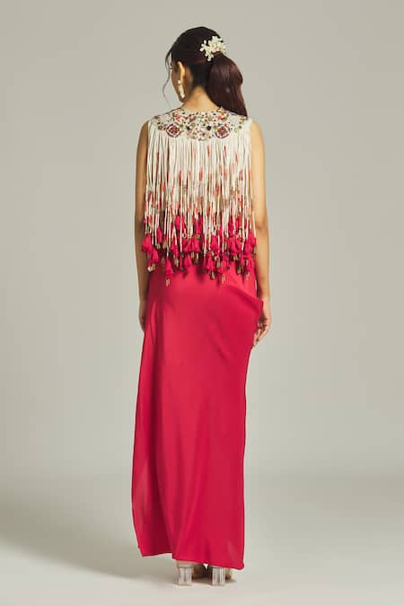 Shop Anamika Khanna Red Silk Sequins, Beads, Tassels Round Neck Fringe Top Draped Skirt Set at Aza Fashions Shop_Anamika Khanna_Red Silk Sequins, Beads, Tassels Round Neck Fringe Top Draped Skirt Set_at_Aza_Fashions