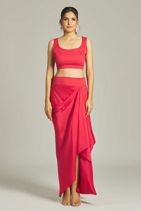 Buy Red Silk Tassels, Beads, Sequins Round Fringe Embroidered Top