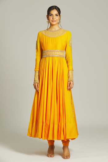 Anamika Khanna_Yellow Silk Zari, Sequins, Beads, Embroidery Zardozi Anarkali Churidar Set _Online_at_Aza_Fashions