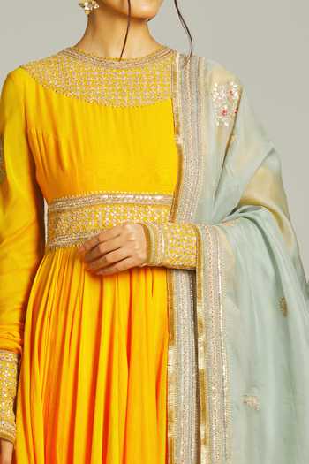 Buy_Anamika Khanna_Yellow Silk Zari, Sequins, Beads, Embroidery Zardozi Anarkali Churidar Set _Online_at_Aza_Fashions