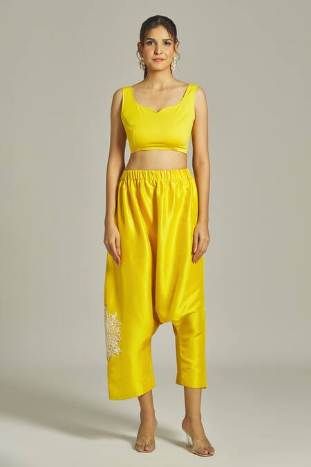Anamika Khanna_Yellow Silk Pearls, Embroidery High Neck Shirt Pant Set_Online_at_Aza_Fashions