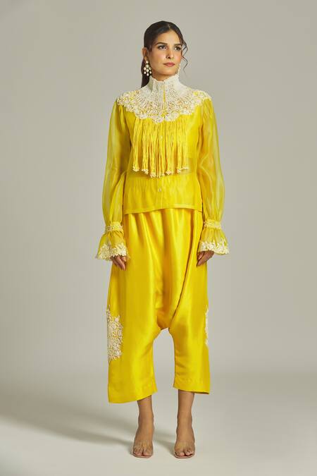 Buy_Anamika Khanna_Yellow Silk Pearls, Embroidery High Neck Shirt Pant Set_Online_at_Aza_Fashions